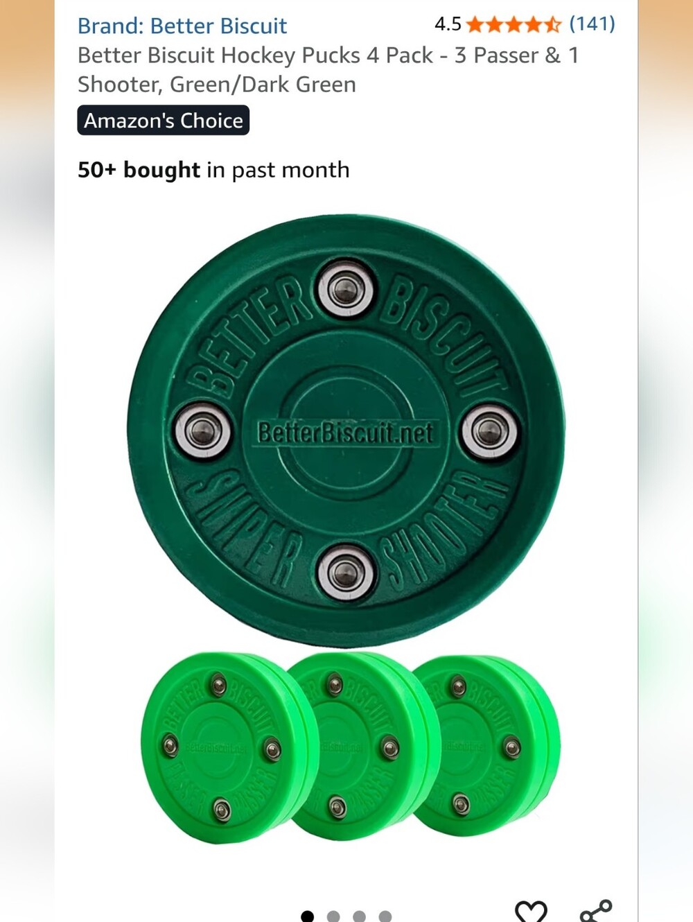 Better Biscuit Hockey Pucks 4 Pack - 3 Passer & 1 Shooter, Green/Dark Green